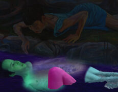 Melissa Huang, Reflecting Pool, Video projection on oil on canvas, 40" x 60", 2023